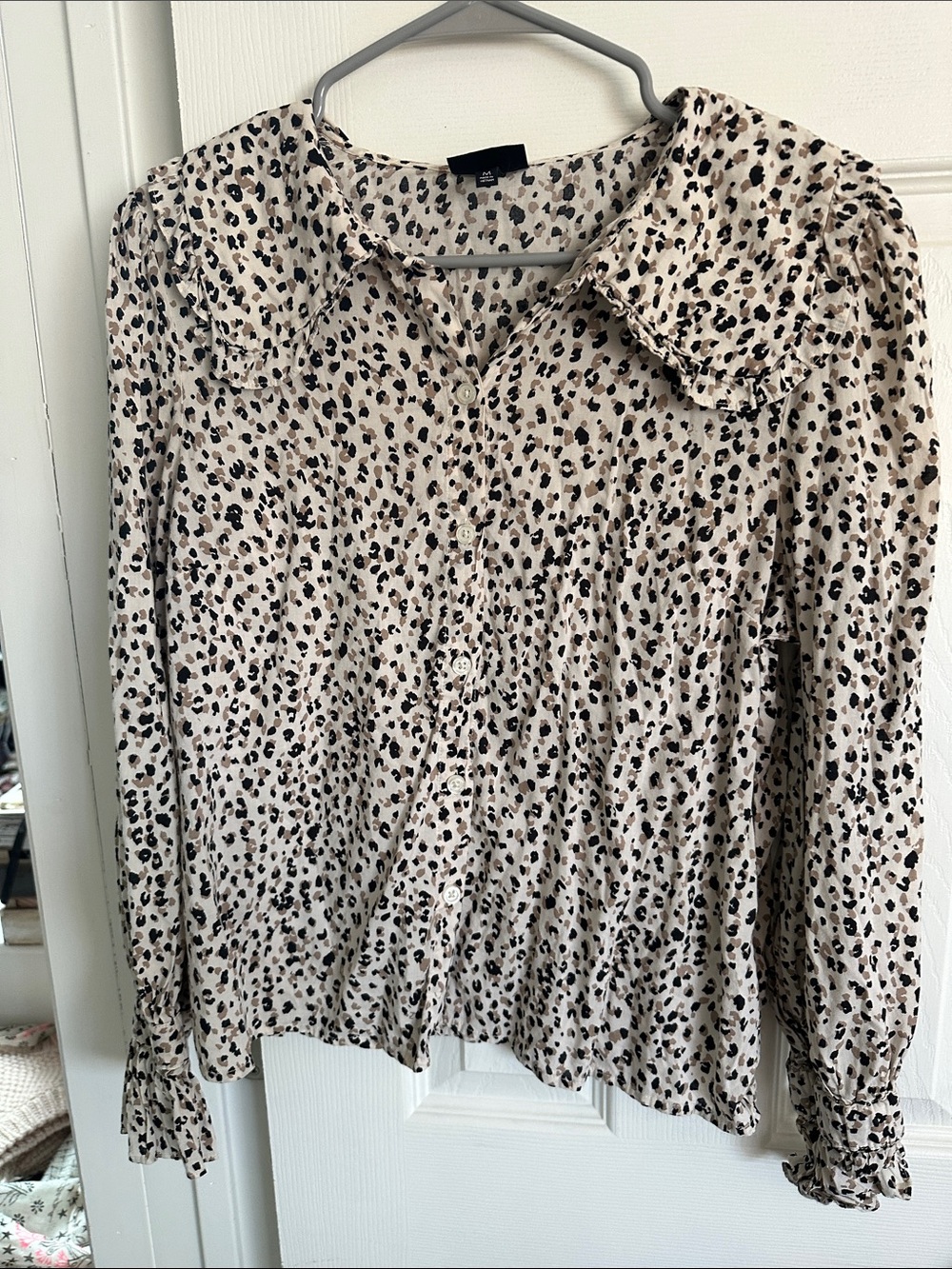 Who What Wear Beige and Black Leopard Print Button-Down Blouse